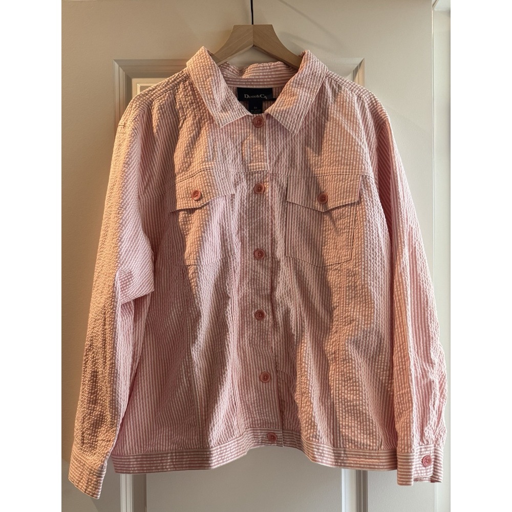 Denim & Co Pink White Seersucker Jacket 3X Button Front Shirt Jacket Plus Size